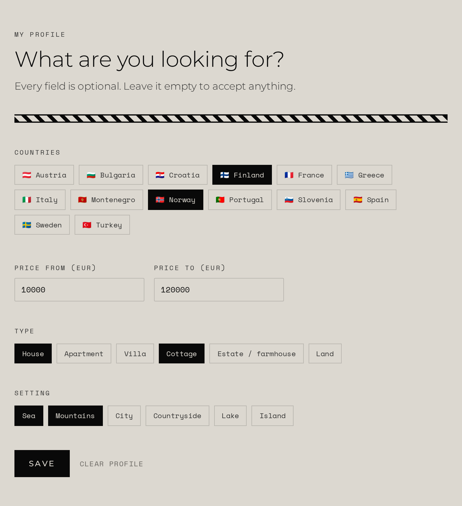 11 Houses My profile form with country flags, price range, property type and setting