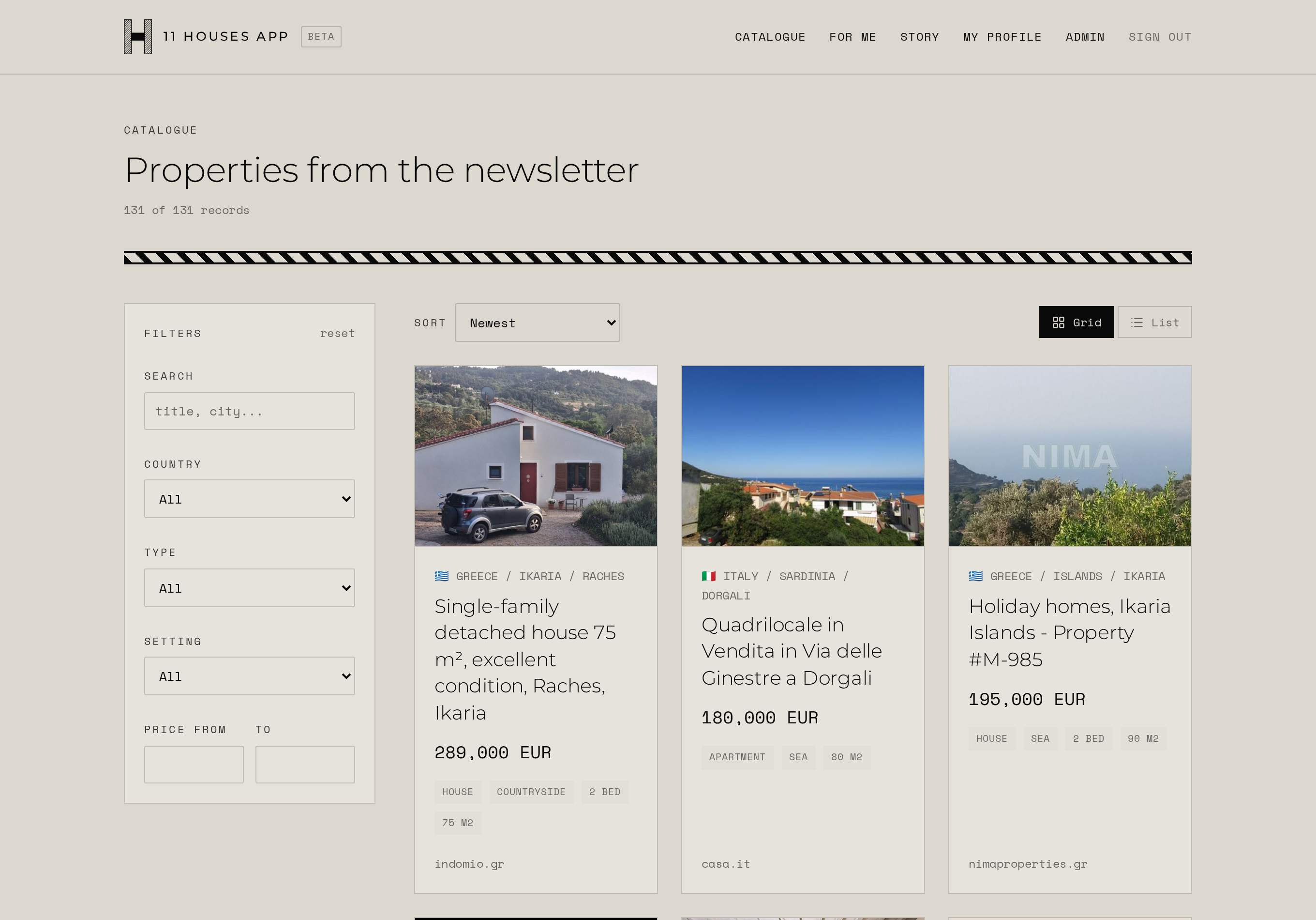 11 Houses app catalogue - property grid with filters by country, type, setting and price